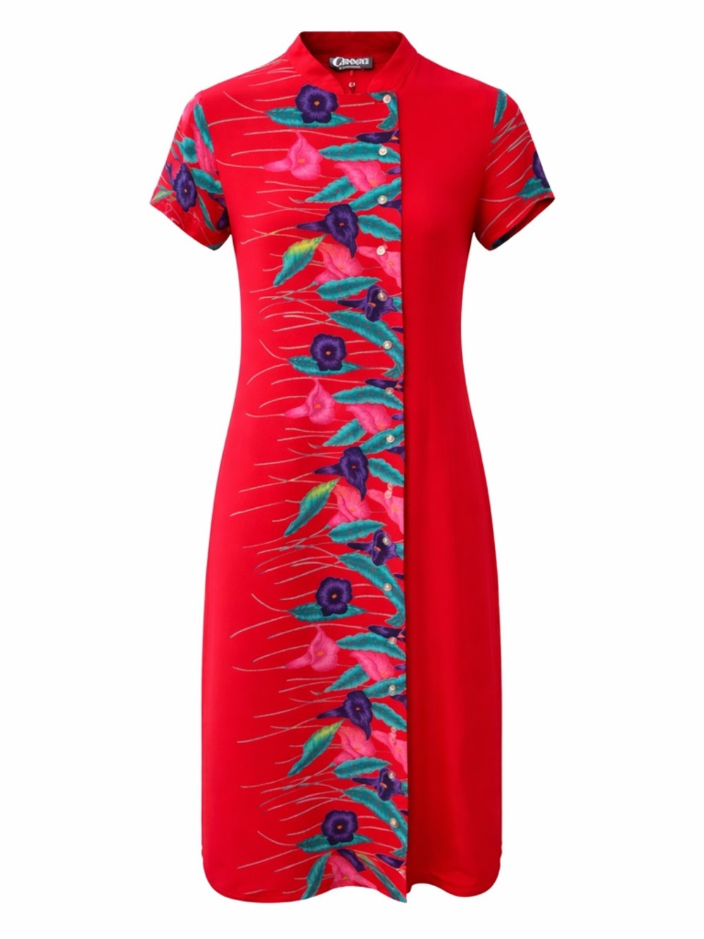 Vintage Choon California Red Floral Cheongsam Style Dress Mandarin Collar S/M